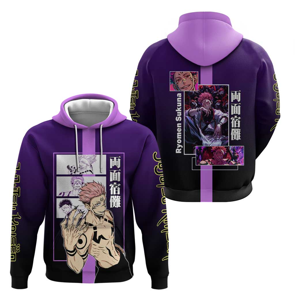 Ryomen Sukuna from Jujutsu Kaisen Hoodie with Purple Background and Multiple Poses Design - The Mazicc