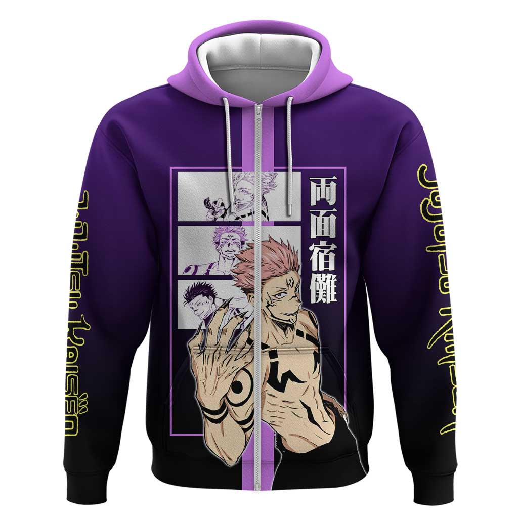 Ryomen Sukuna from Jujutsu Kaisen Hoodie with Purple Background and Multiple Poses Design - The Mazicc