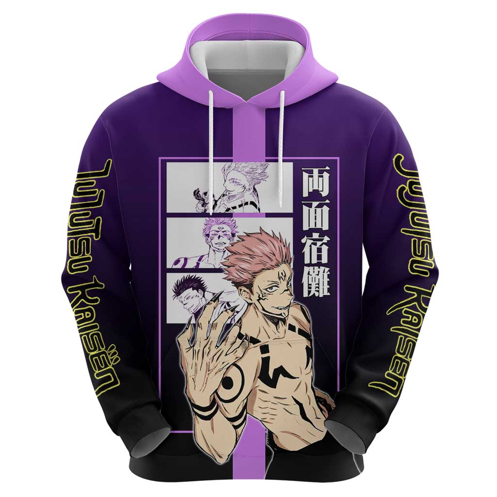 Ryomen Sukuna from Jujutsu Kaisen Hoodie with Purple Background and Multiple Poses Design - The Mazicc