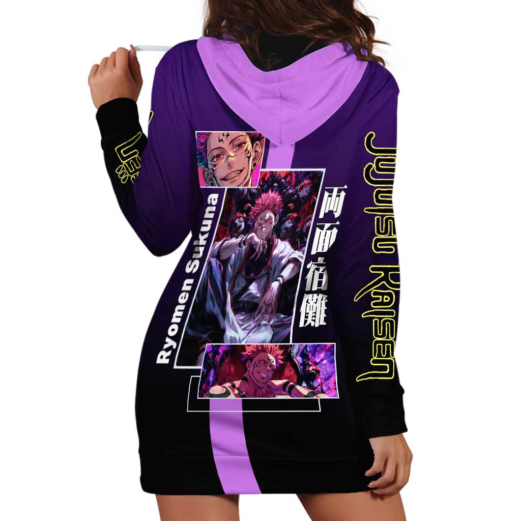 Ryomen Sukuna from Jujutsu Kaisen Hoodie Dress with Purple Background and Multiple Poses Design - The Mazicc