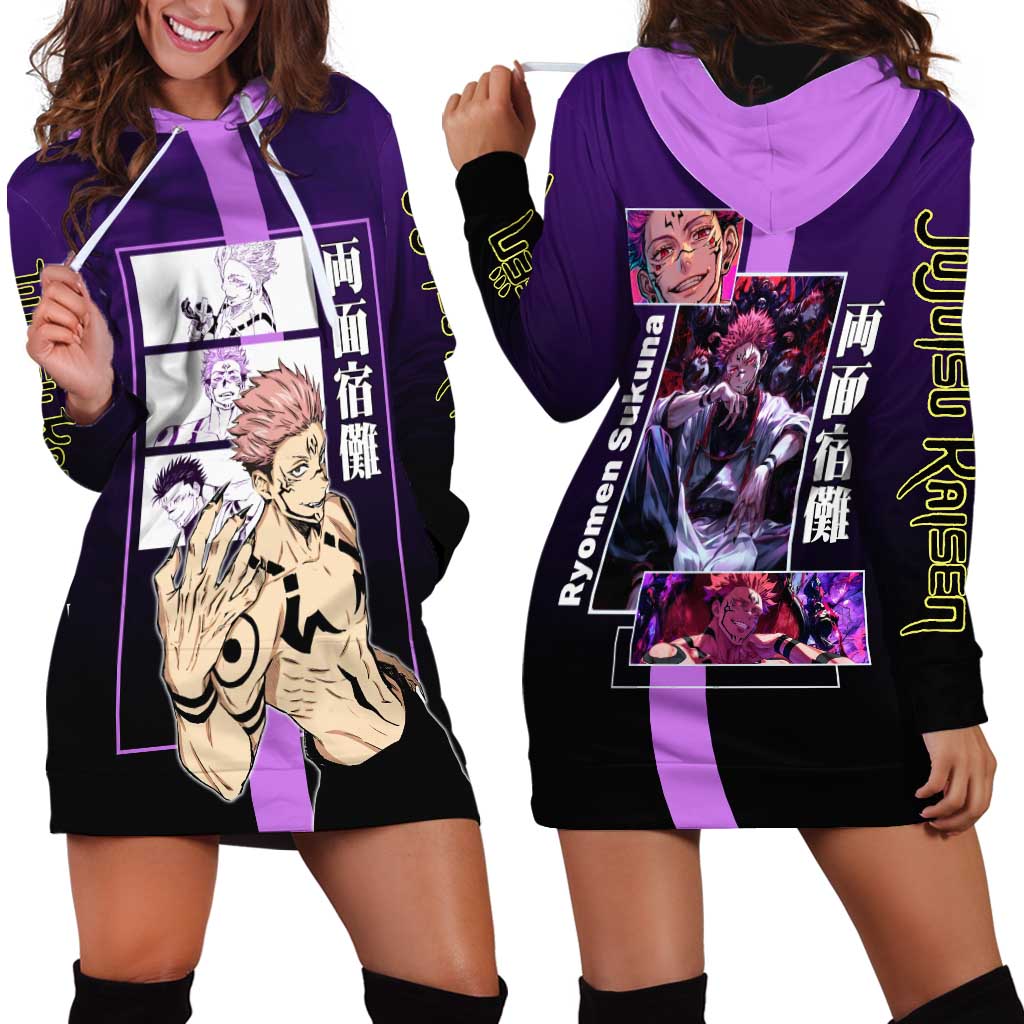 Ryomen Sukuna from Jujutsu Kaisen Hoodie Dress with Purple Background and Multiple Poses Design - The Mazicc