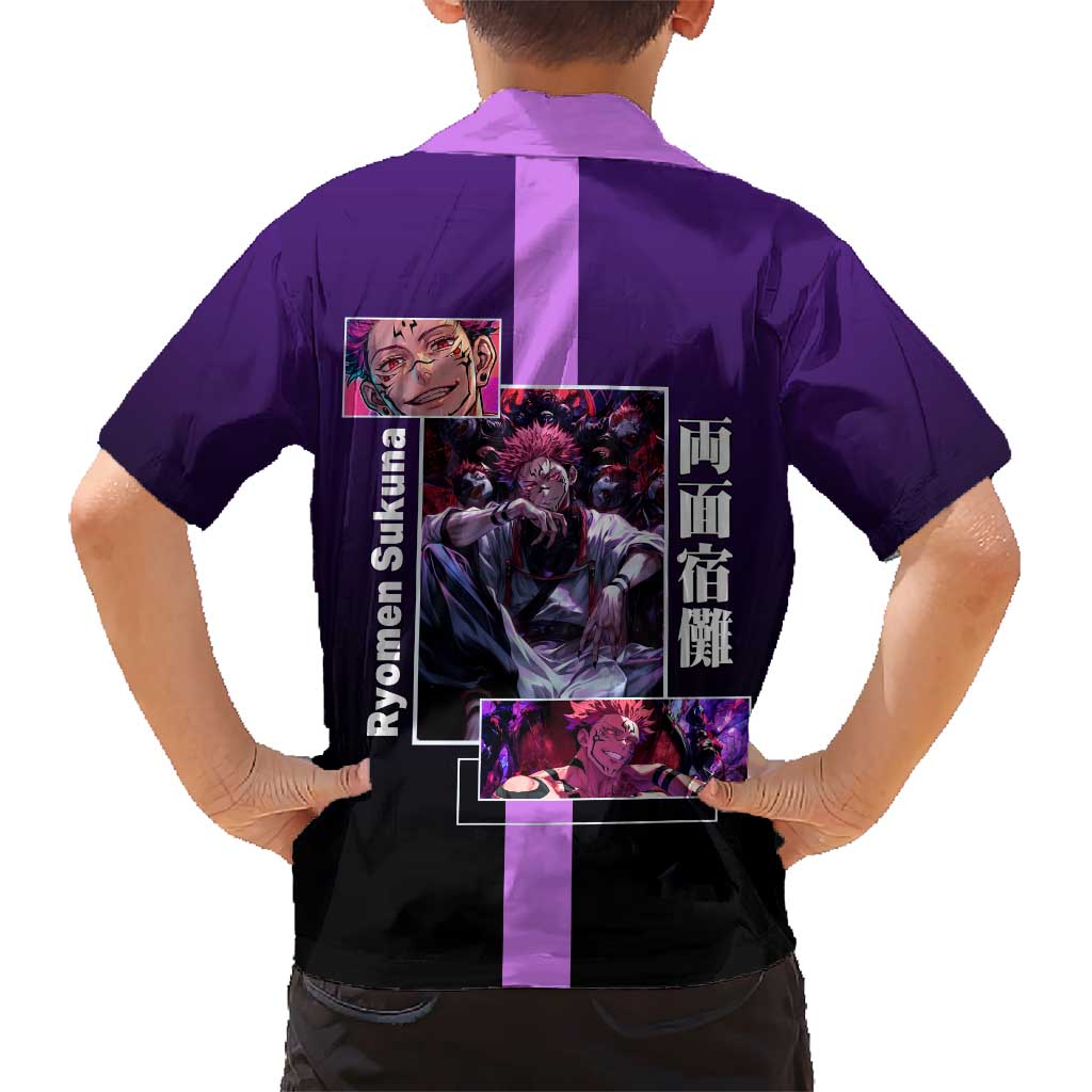 Ryomen Sukuna from Jujutsu Kaisen Kid Hawaiian Shirt with Purple Background and Multiple Poses Design - The Mazicc