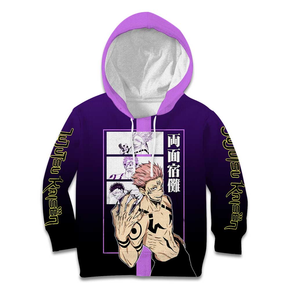 Ryomen Sukuna from Jujutsu Kaisen Kid Hoodie with Purple Background and Multiple Poses Design - The Mazicc