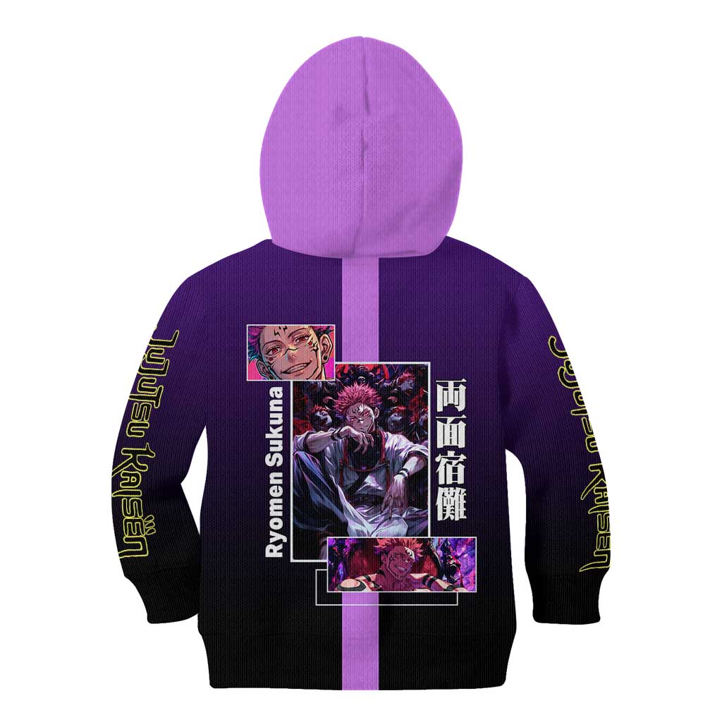 Ryomen Sukuna from Jujutsu Kaisen Kid Hoodie with Purple Background and Multiple Poses Design - The Mazicc
