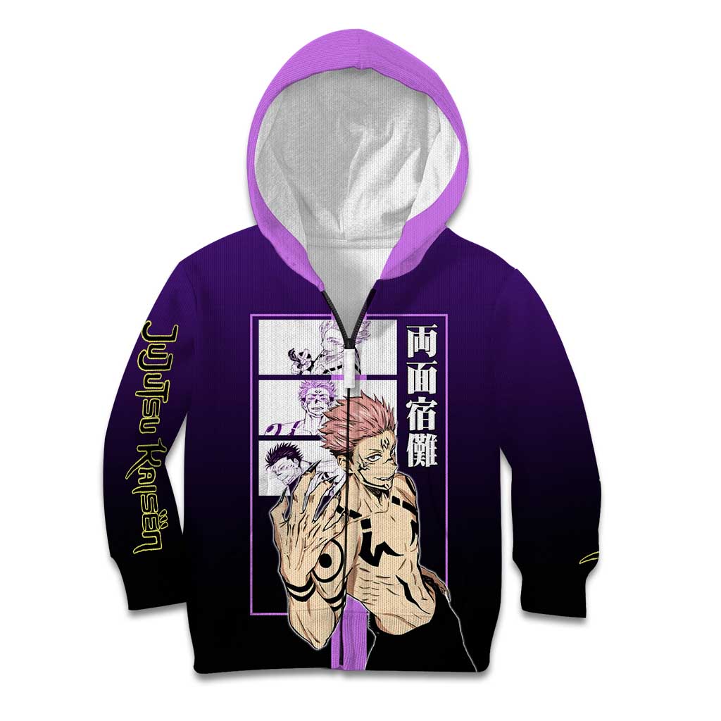 Ryomen Sukuna from Jujutsu Kaisen Kid Hoodie with Purple Background and Multiple Poses Design - The Mazicc