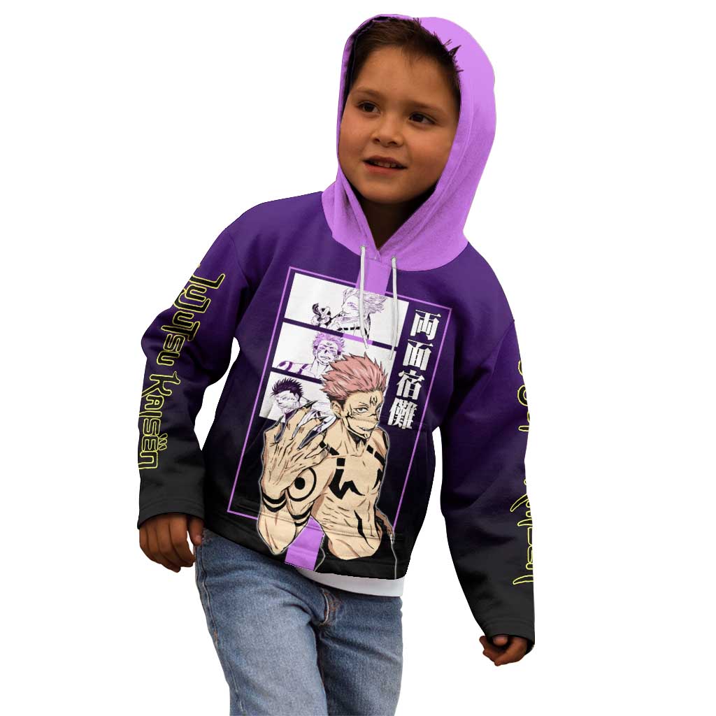 Ryomen Sukuna from Jujutsu Kaisen Kid Hoodie with Purple Background and Multiple Poses Design - The Mazicc