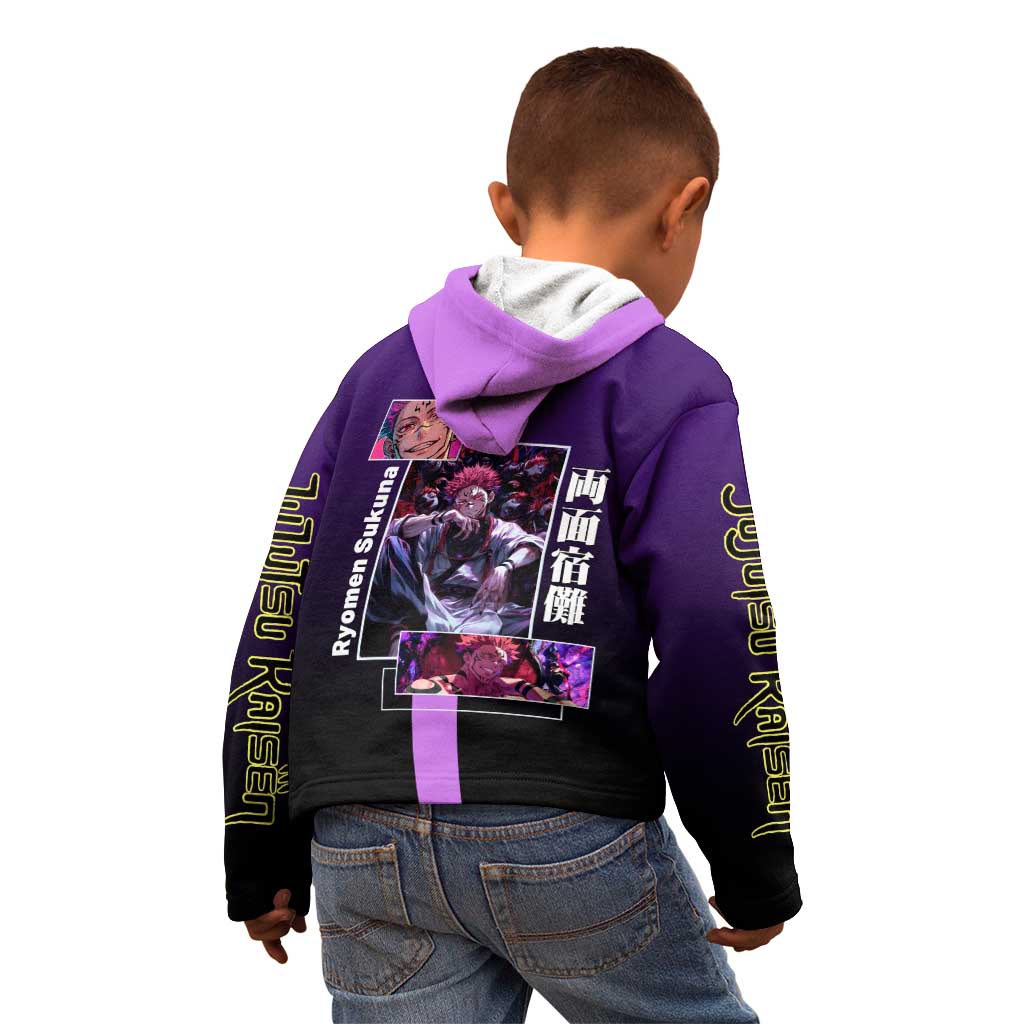 Ryomen Sukuna from Jujutsu Kaisen Kid Hoodie with Purple Background and Multiple Poses Design - The Mazicc