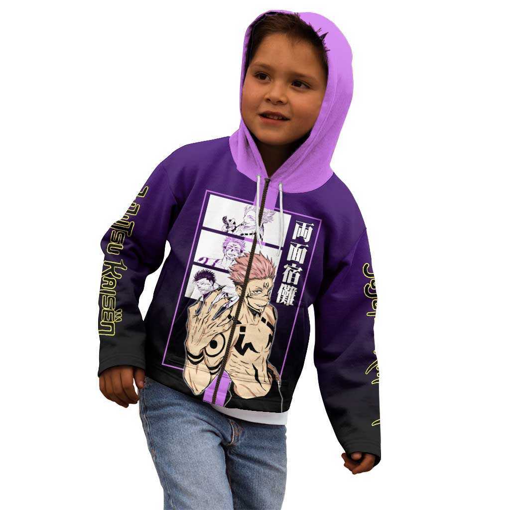Ryomen Sukuna from Jujutsu Kaisen Kid Hoodie with Purple Background and Multiple Poses Design - The Mazicc