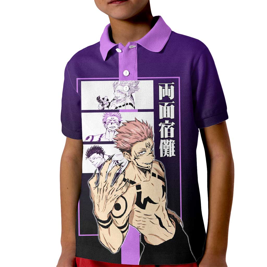 Ryomen Sukuna from Jujutsu Kaisen Kid Polo Shirt with Purple Background and Multiple Poses Design - The Mazicc