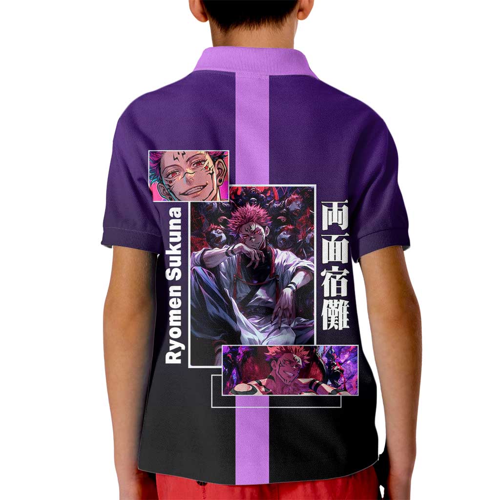 Ryomen Sukuna from Jujutsu Kaisen Kid Polo Shirt with Purple Background and Multiple Poses Design - The Mazicc