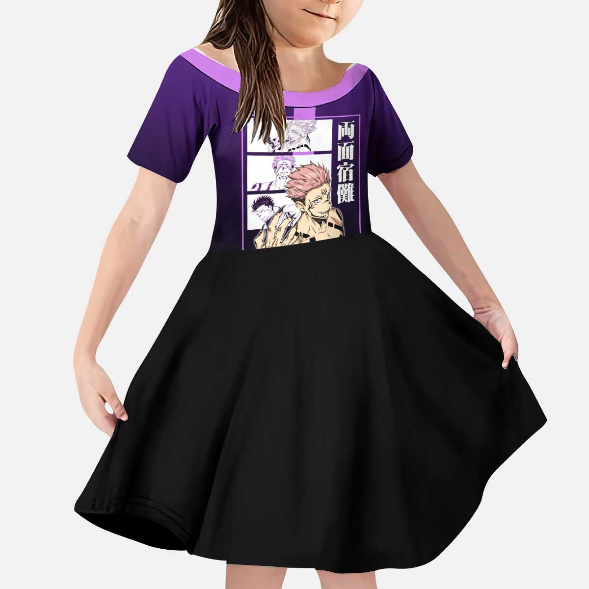 Ryomen Sukuna from Jujutsu Kaisen Kid Short Sleeve Dress with Purple Background and Multiple Poses Design - The Mazicc