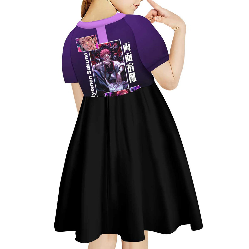 Ryomen Sukuna from Jujutsu Kaisen Kid Short Sleeve Dress with Purple Background and Multiple Poses Design - The Mazicc