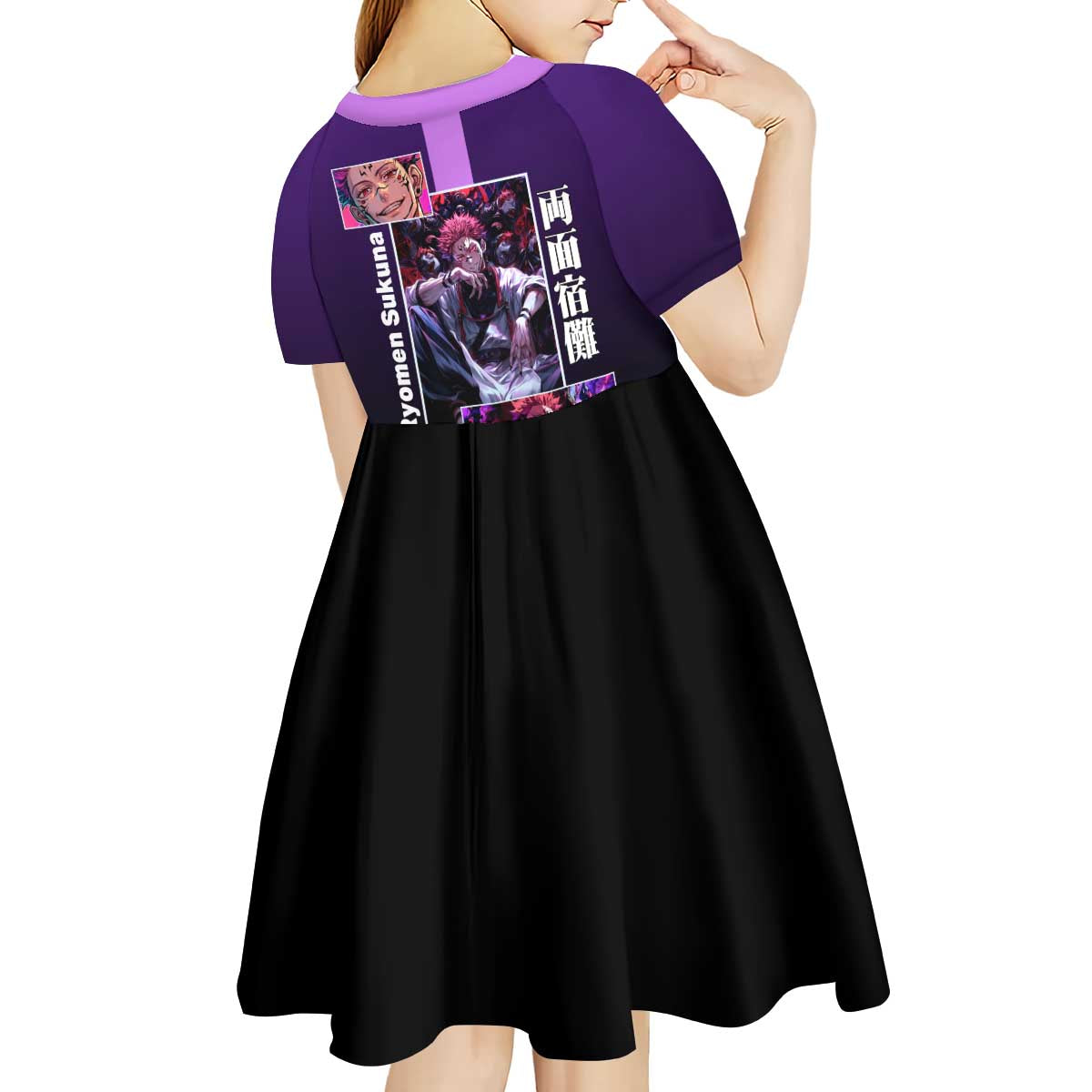 Ryomen Sukuna from Jujutsu Kaisen Kid Short Sleeve Dress with Purple Background and Multiple Poses Design - The Mazicc