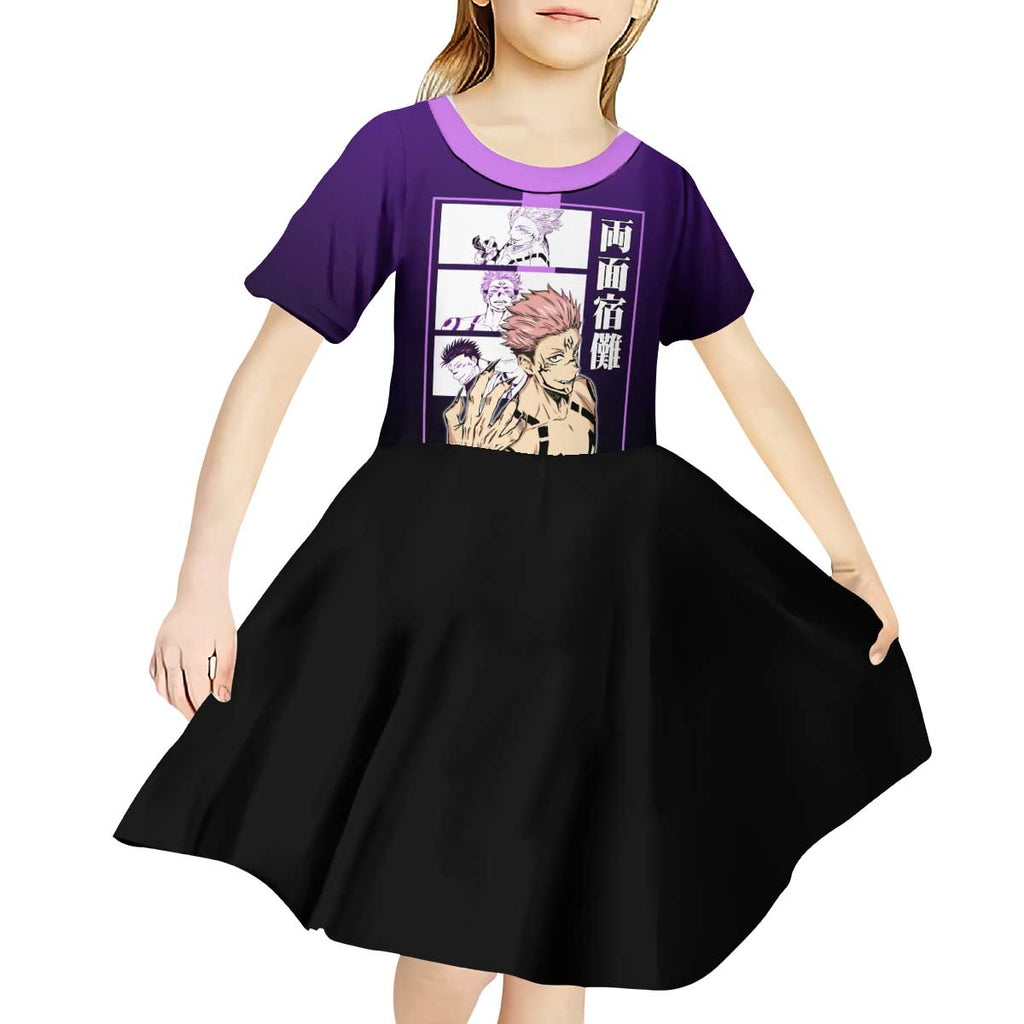 Ryomen Sukuna from Jujutsu Kaisen Kid Short Sleeve Dress with Purple Background and Multiple Poses Design - The Mazicc
