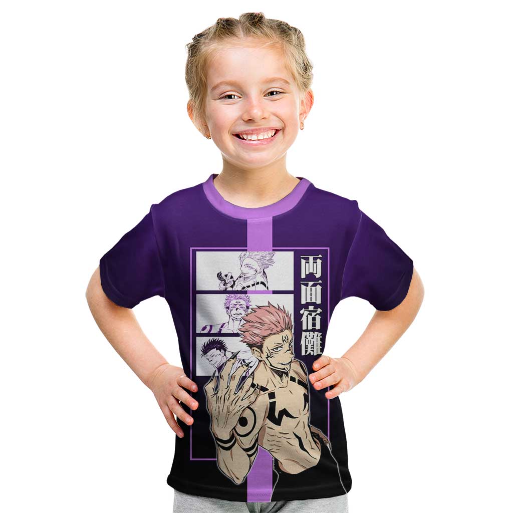 Ryomen Sukuna from Jujutsu Kaisen Kid T Shirt with Purple Background and Multiple Poses Design - The Mazicc