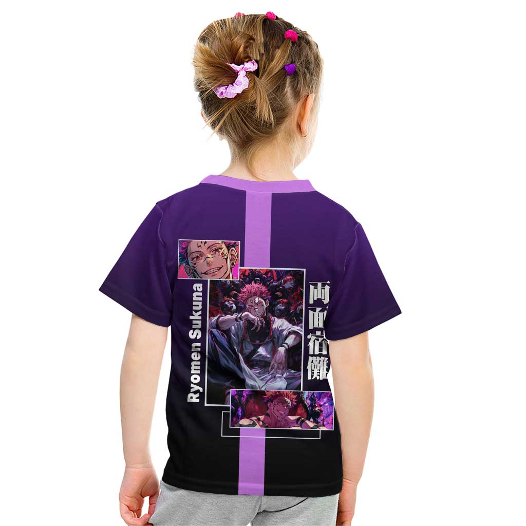 Ryomen Sukuna from Jujutsu Kaisen Kid T Shirt with Purple Background and Multiple Poses Design - The Mazicc
