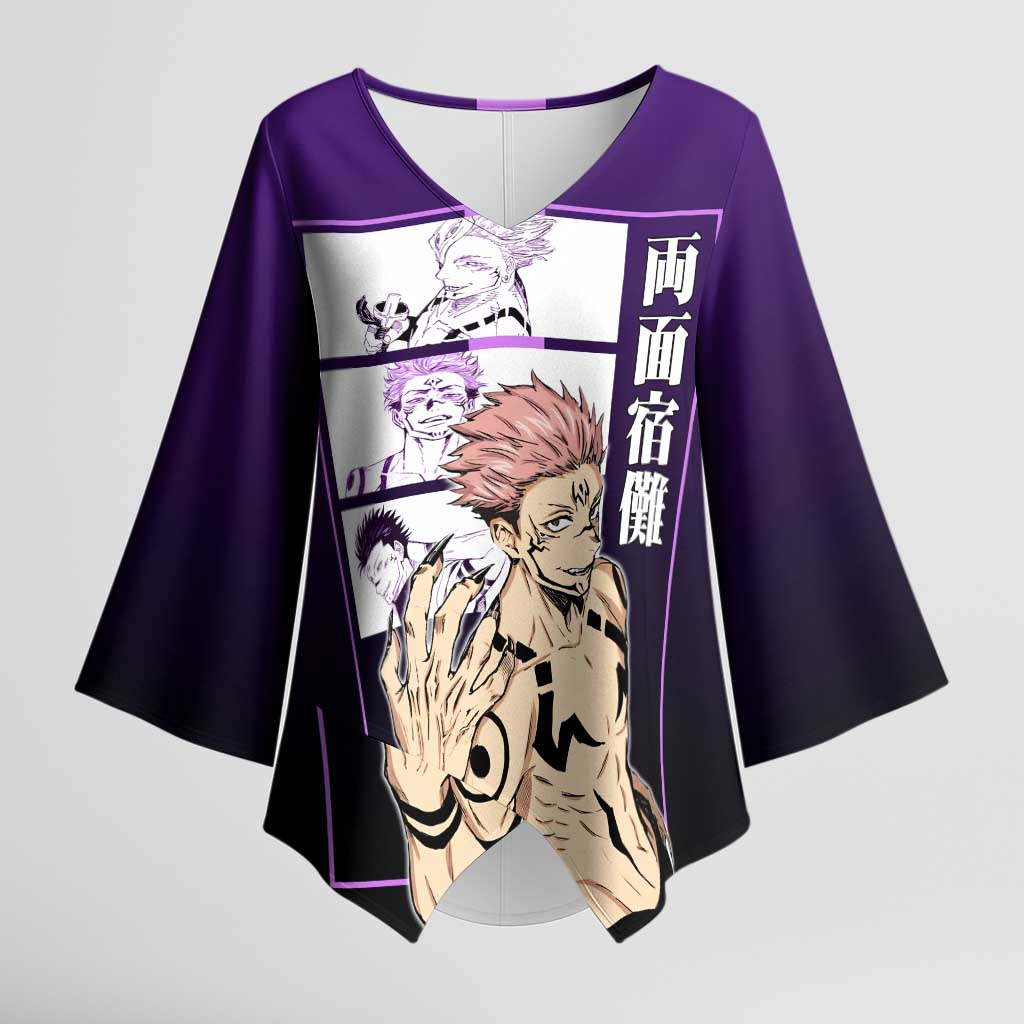 Ryomen Sukuna from Jujutsu Kaisen Kimono Sleeve Blouse with Purple Background and Multiple Poses Design - The Mazicc