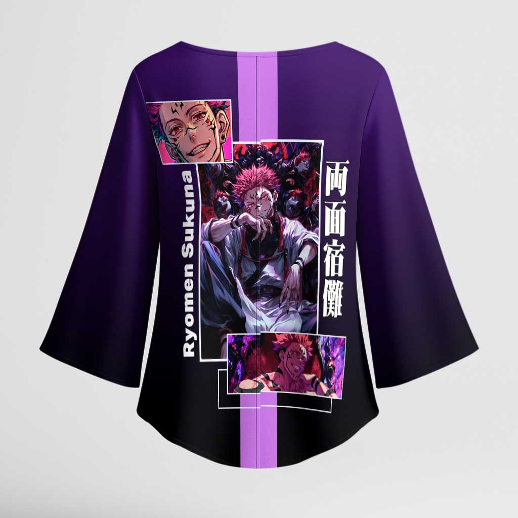 Ryomen Sukuna from Jujutsu Kaisen Kimono Sleeve Blouse with Purple Background and Multiple Poses Design - The Mazicc
