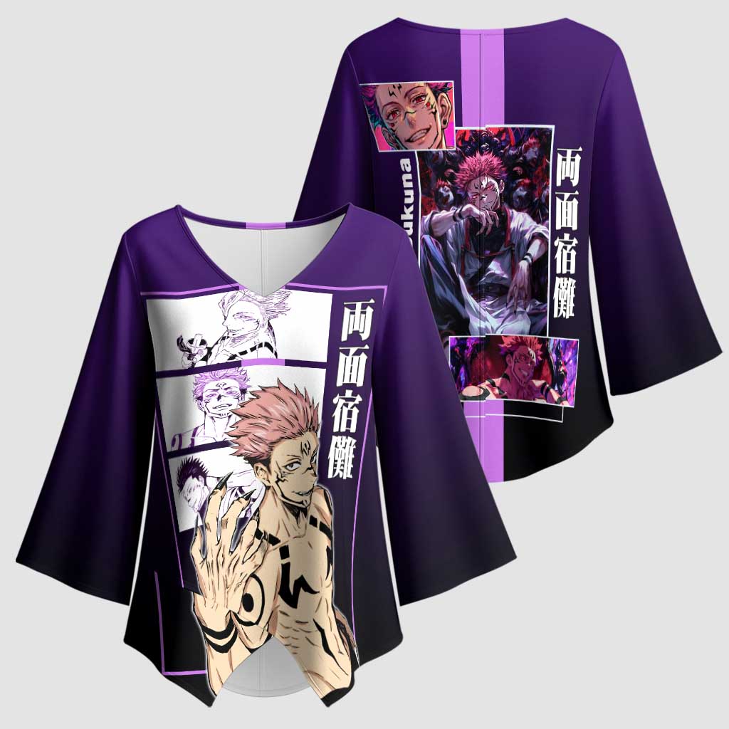 Ryomen Sukuna from Jujutsu Kaisen Kimono Sleeve Blouse with Purple Background and Multiple Poses Design - The Mazicc