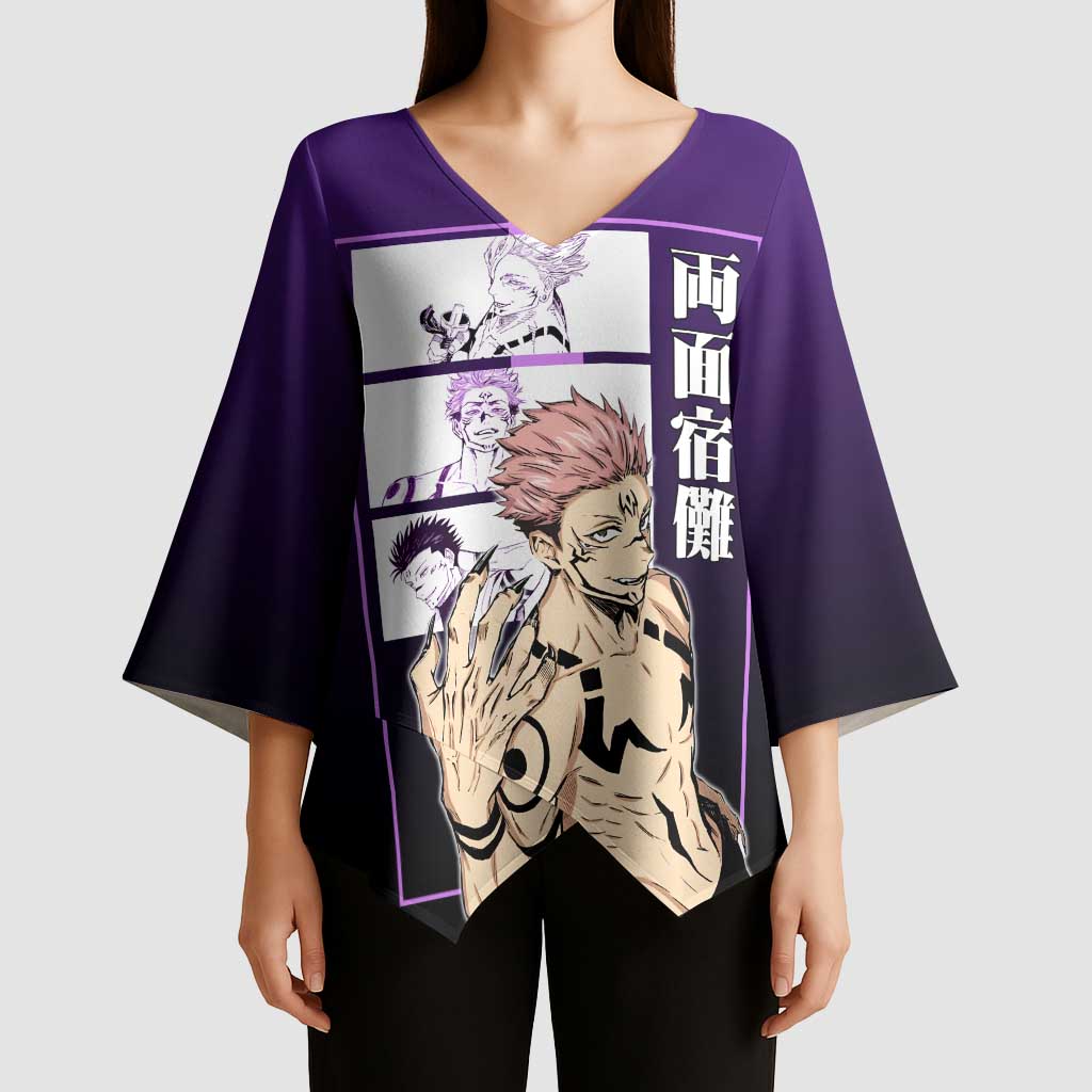 Ryomen Sukuna from Jujutsu Kaisen Kimono Sleeve Blouse with Purple Background and Multiple Poses Design - The Mazicc