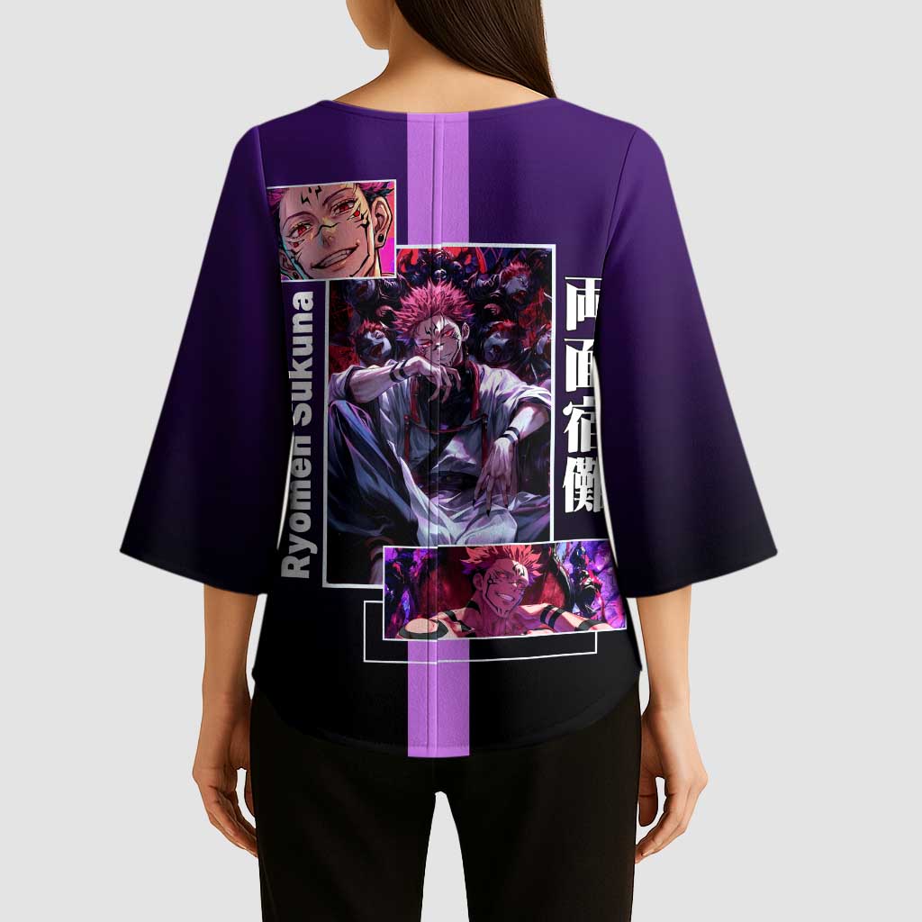 Ryomen Sukuna from Jujutsu Kaisen Kimono Sleeve Blouse with Purple Background and Multiple Poses Design - The Mazicc
