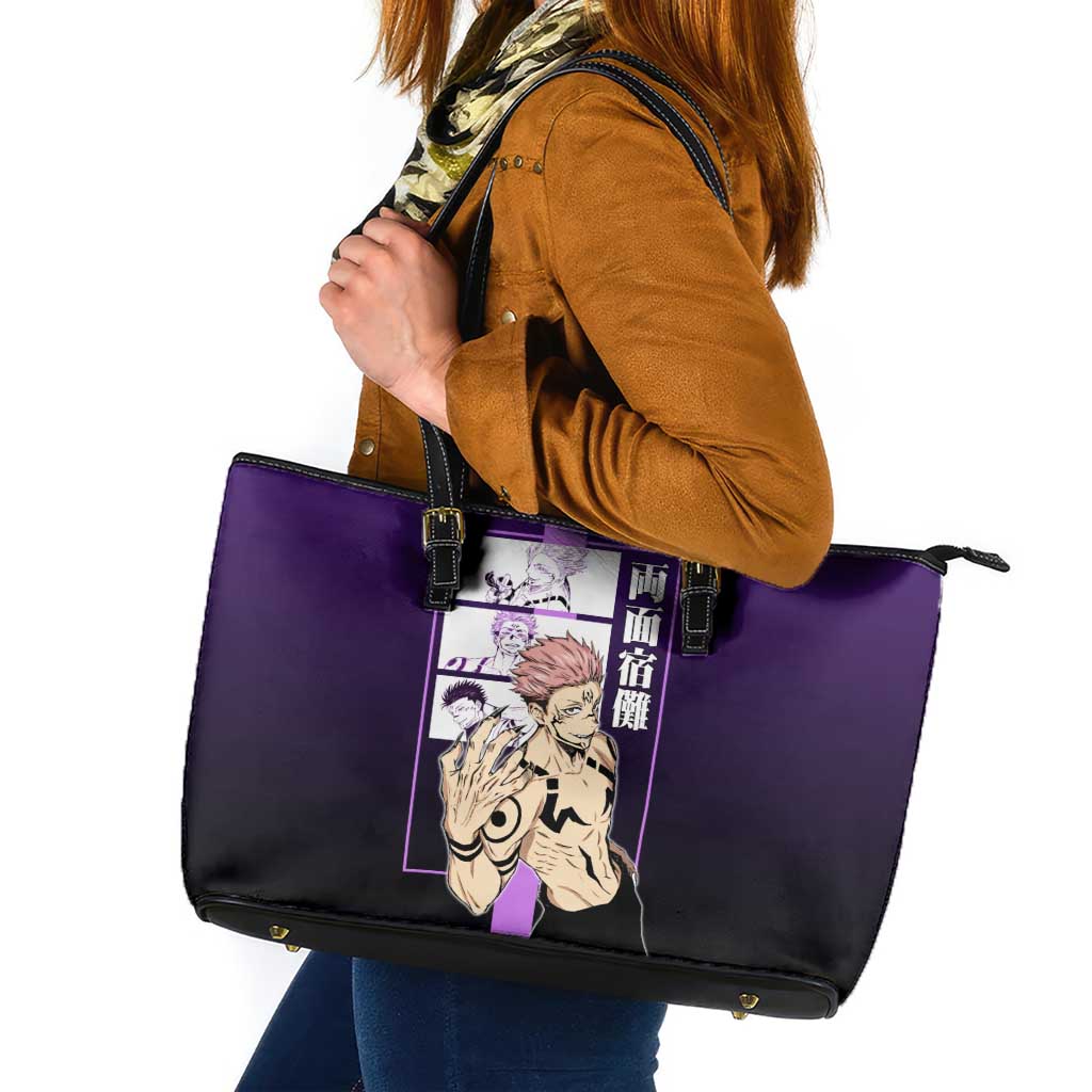 Ryomen Sukuna from Jujutsu Kaisen Leather Tote Bag with Purple Background and Multiple Poses Design - The Mazicc