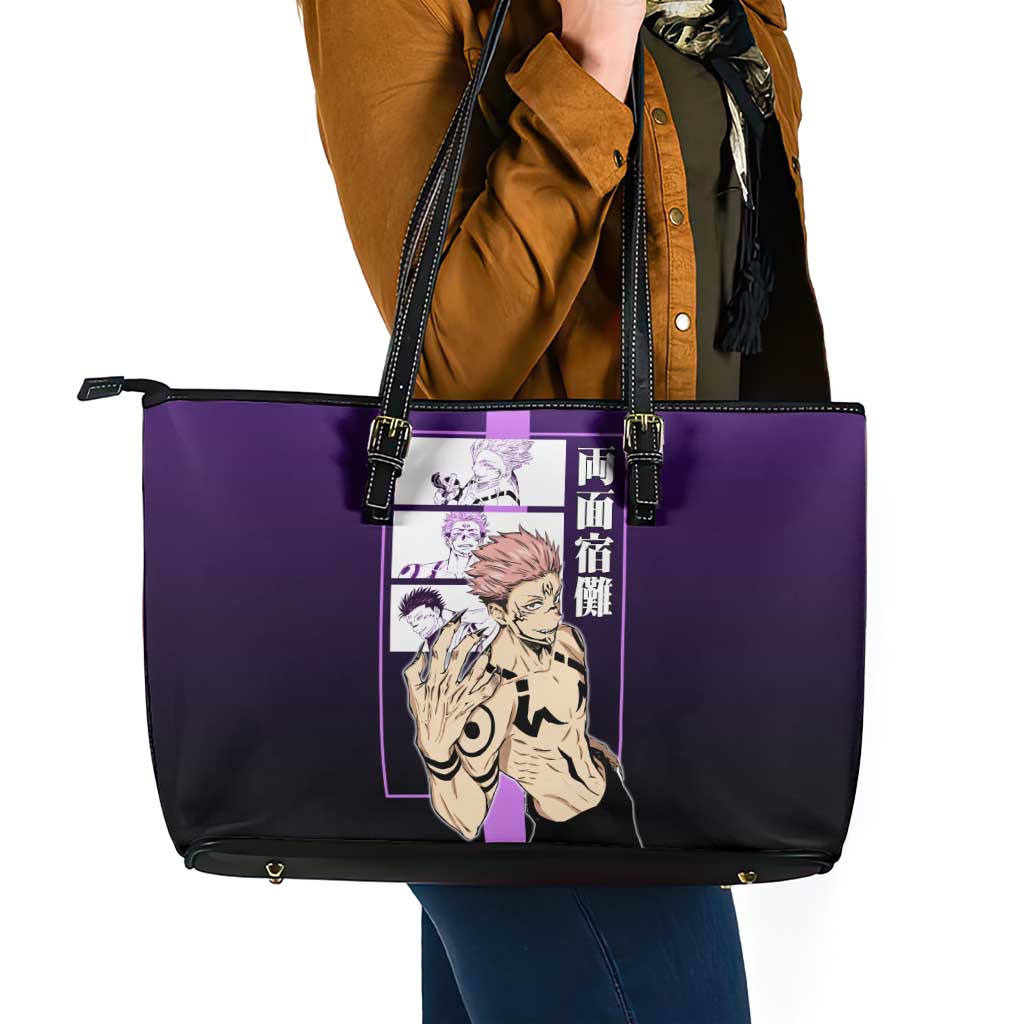 Ryomen Sukuna from Jujutsu Kaisen Leather Tote Bag with Purple Background and Multiple Poses Design - The Mazicc