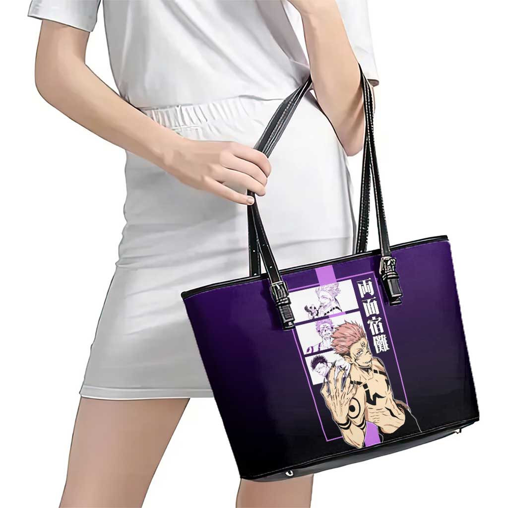 Ryomen Sukuna from Jujutsu Kaisen Leather Tote Bag with Purple Background and Multiple Poses Design - The Mazicc
