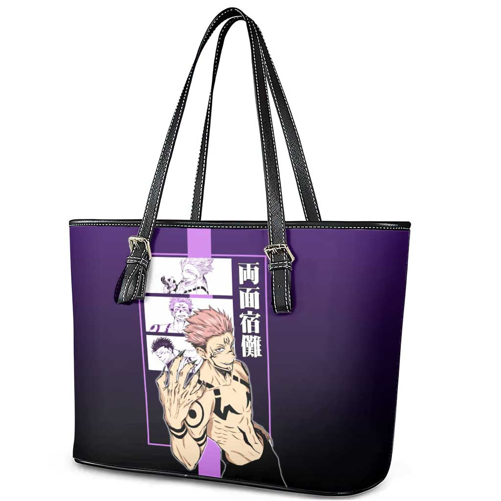 Ryomen Sukuna from Jujutsu Kaisen Leather Tote Bag with Purple Background and Multiple Poses Design - The Mazicc