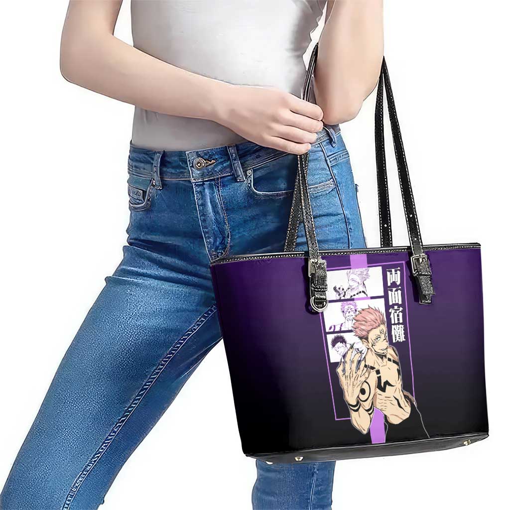 Ryomen Sukuna from Jujutsu Kaisen Leather Tote Bag with Purple Background and Multiple Poses Design - The Mazicc