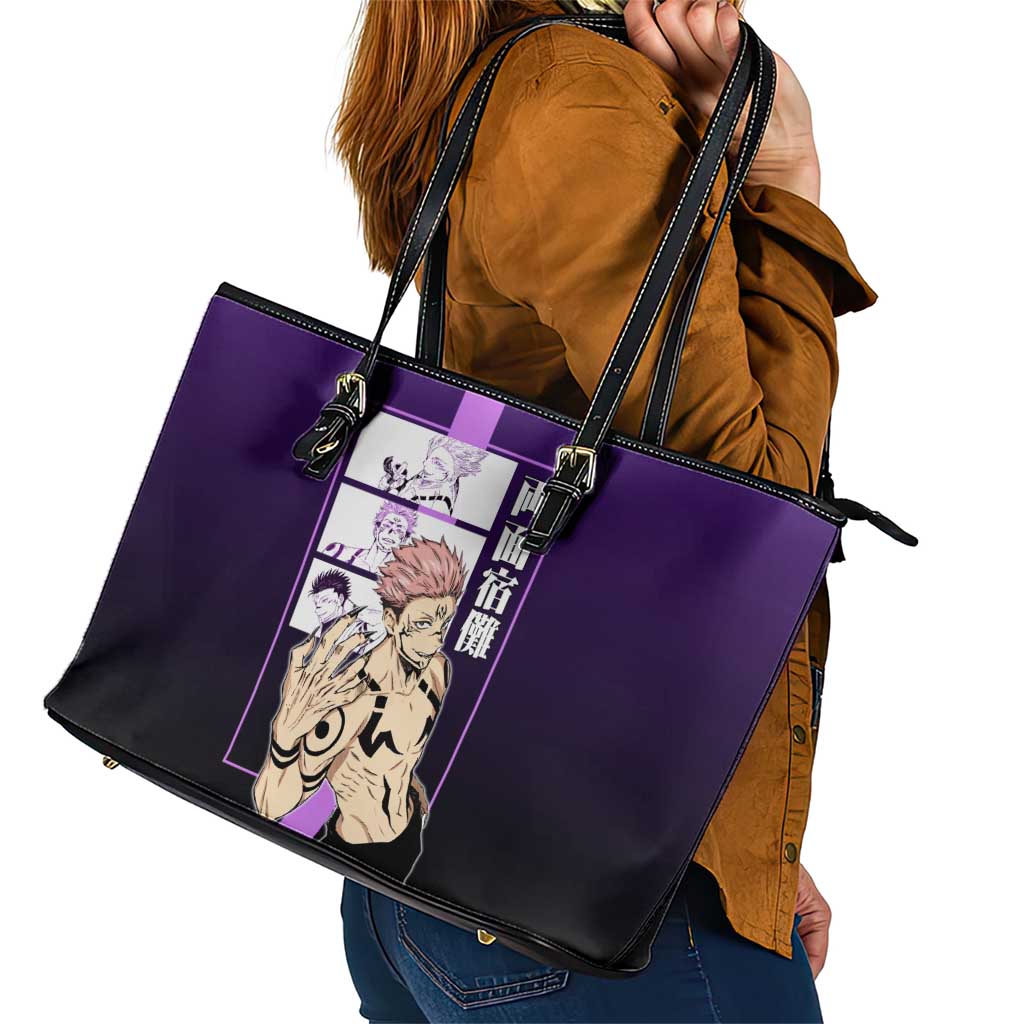Ryomen Sukuna from Jujutsu Kaisen Leather Tote Bag with Purple Background and Multiple Poses Design - The Mazicc