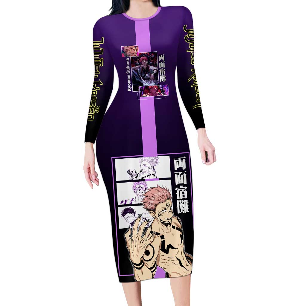 Ryomen Sukuna from Jujutsu Kaisen Long Sleeve Bodycon Dress with Purple Background and Multiple Poses Design - The Mazicc