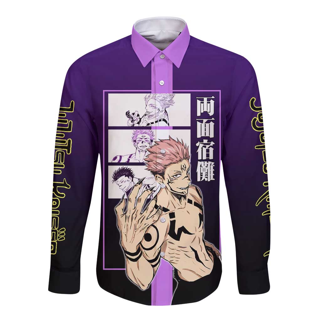 Ryomen Sukuna from Jujutsu Kaisen Long Sleeve Button Shirt with Purple Background and Multiple Poses Design - The Mazicc