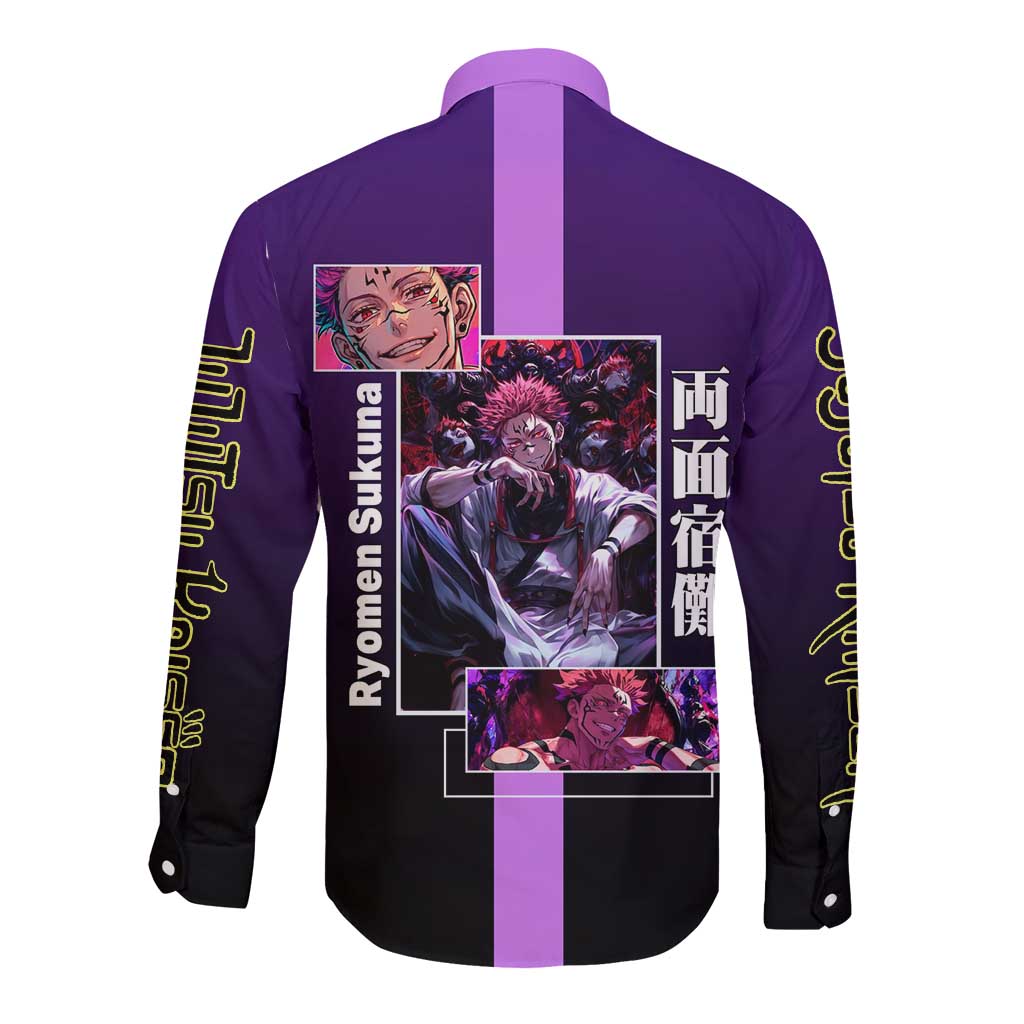 Ryomen Sukuna from Jujutsu Kaisen Long Sleeve Button Shirt with Purple Background and Multiple Poses Design - The Mazicc