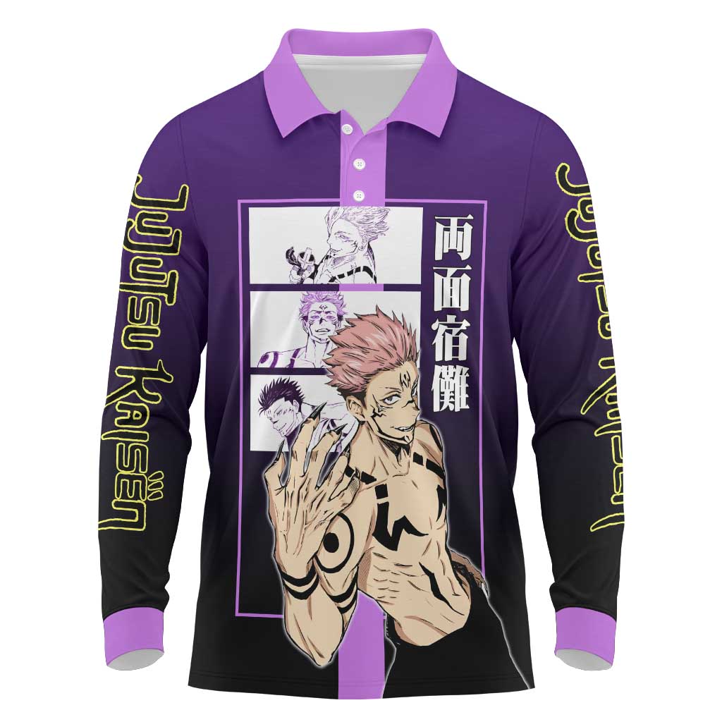 Ryomen Sukuna from Jujutsu Kaisen Long Sleeve Polo Shirt with Purple Background and Multiple Poses Design - The Mazicc