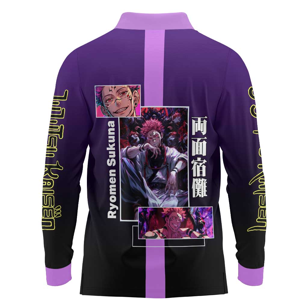 Ryomen Sukuna from Jujutsu Kaisen Long Sleeve Polo Shirt with Purple Background and Multiple Poses Design - The Mazicc