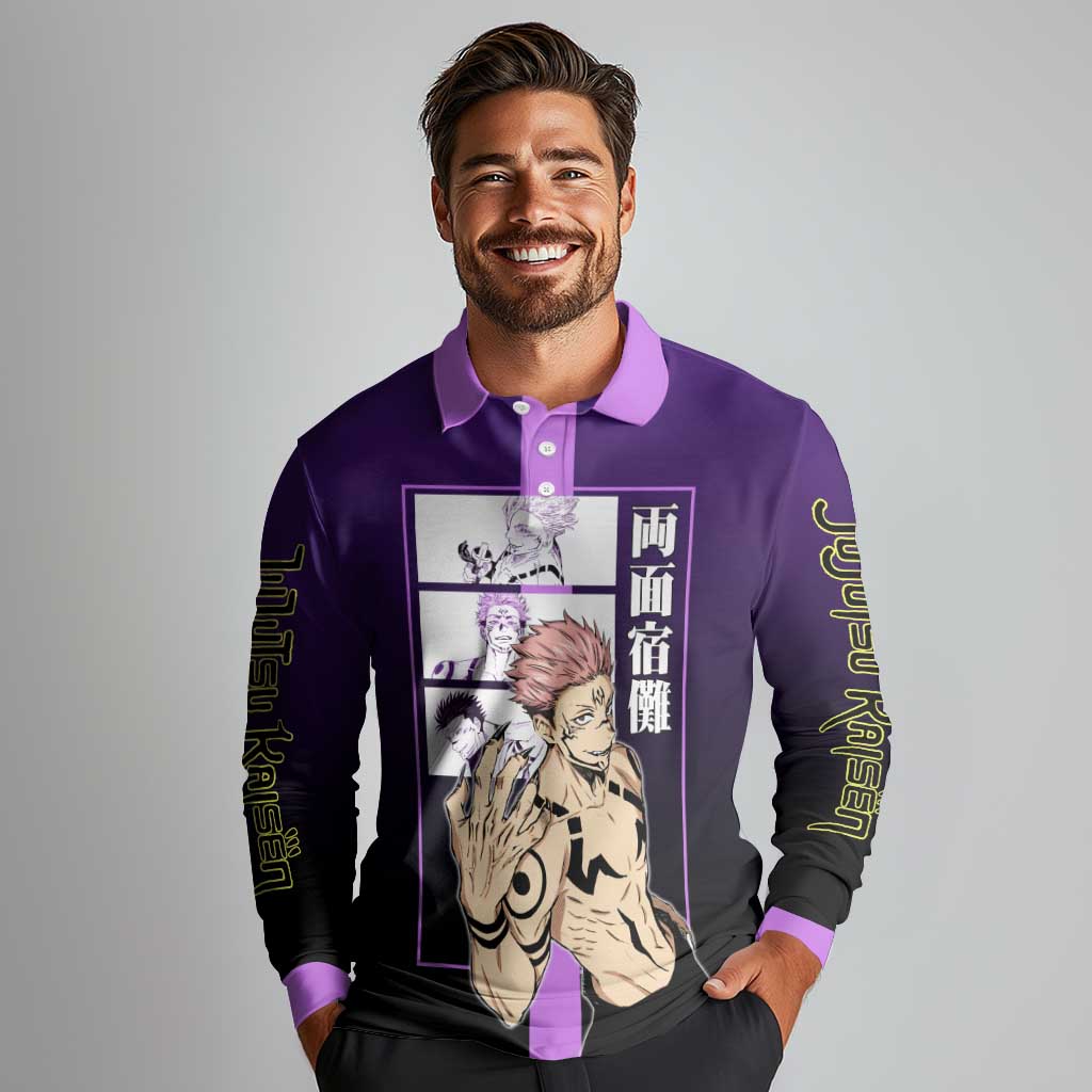 Ryomen Sukuna from Jujutsu Kaisen Long Sleeve Polo Shirt with Purple Background and Multiple Poses Design - The Mazicc