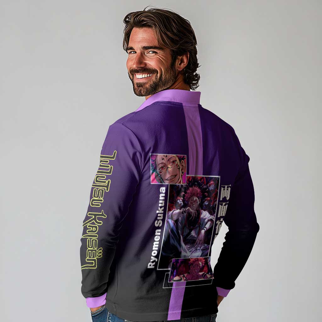 Ryomen Sukuna from Jujutsu Kaisen Long Sleeve Polo Shirt with Purple Background and Multiple Poses Design - The Mazicc