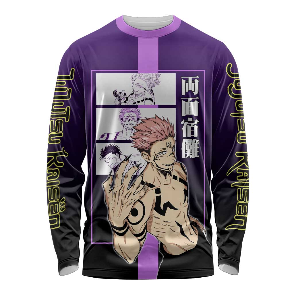 Ryomen Sukuna from Jujutsu Kaisen Long Sleeve Shirt with Purple Background and Multiple Poses Design - The Mazicc