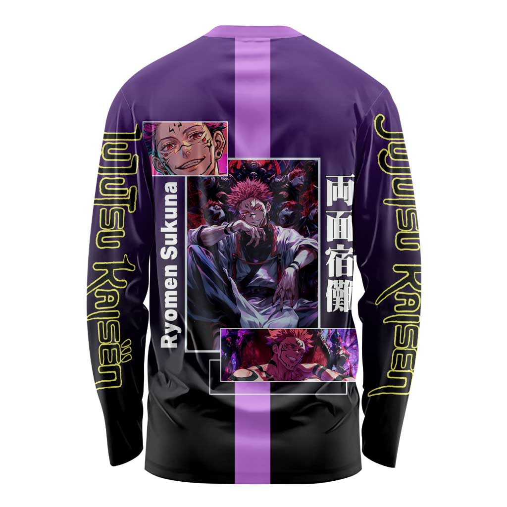 Ryomen Sukuna from Jujutsu Kaisen Long Sleeve Shirt with Purple Background and Multiple Poses Design - The Mazicc