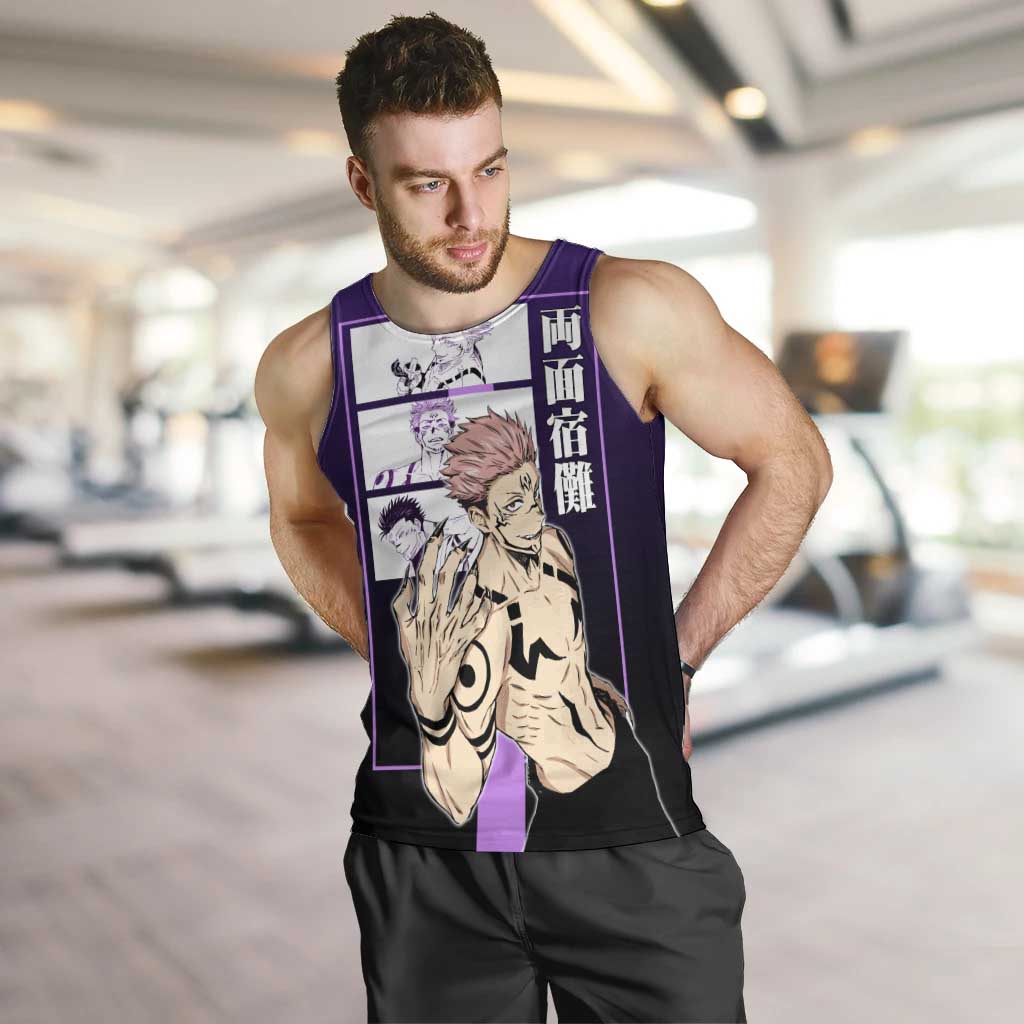 Ryomen Sukuna from Jujutsu Kaisen Men Tank Top with Purple Background and Multiple Poses Design - The Mazicc