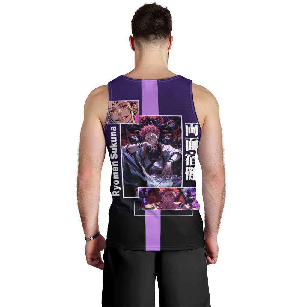 Ryomen Sukuna from Jujutsu Kaisen Men Tank Top with Purple Background and Multiple Poses Design - The Mazicc