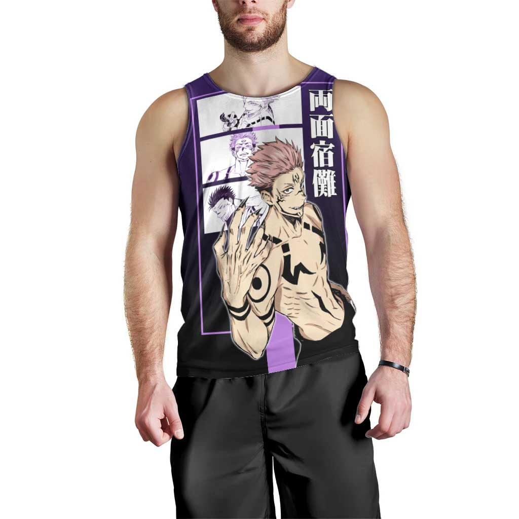 Ryomen Sukuna from Jujutsu Kaisen Men Tank Top with Purple Background and Multiple Poses Design - The Mazicc