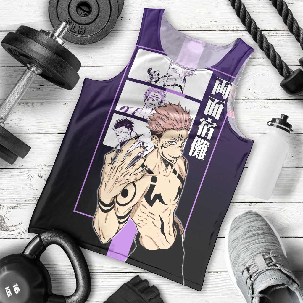 Ryomen Sukuna from Jujutsu Kaisen Men Tank Top with Purple Background and Multiple Poses Design - The Mazicc