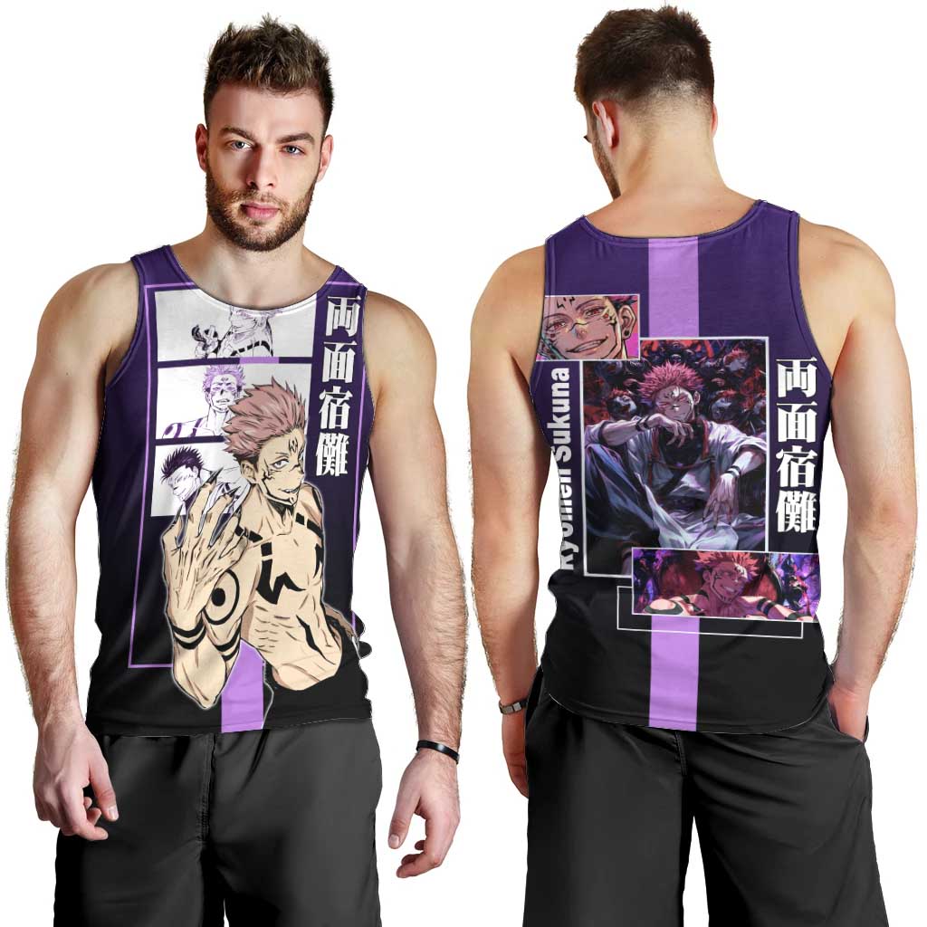 Ryomen Sukuna from Jujutsu Kaisen Men Tank Top with Purple Background and Multiple Poses Design - The Mazicc