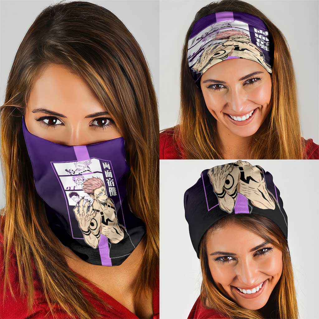 Ryomen Sukuna from Jujutsu Kaisen Neck Gaiter with Purple Background and Multiple Poses Design - The Mazicc