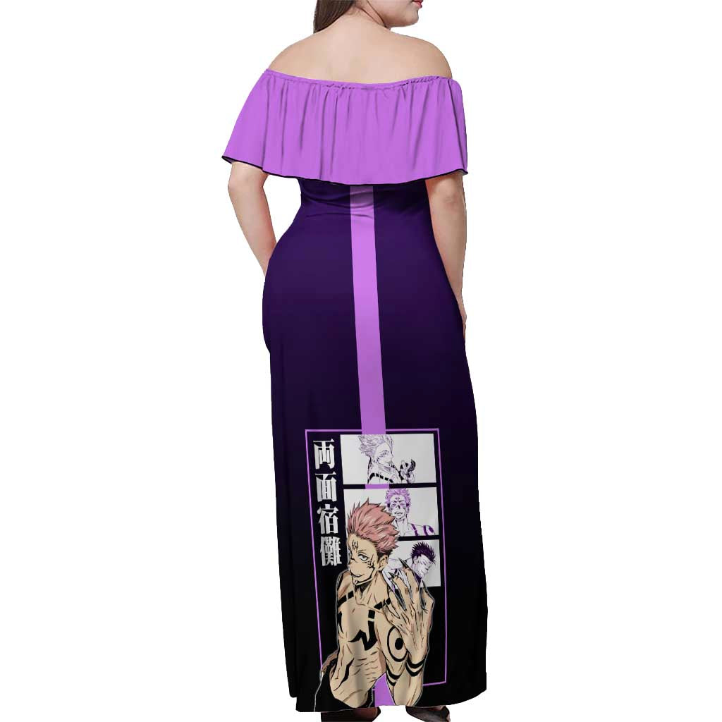 Ryomen Sukuna from Jujutsu Kaisen Off Shoulder Maxi Dress with Purple Background and Multiple Poses Design - The Mazicc