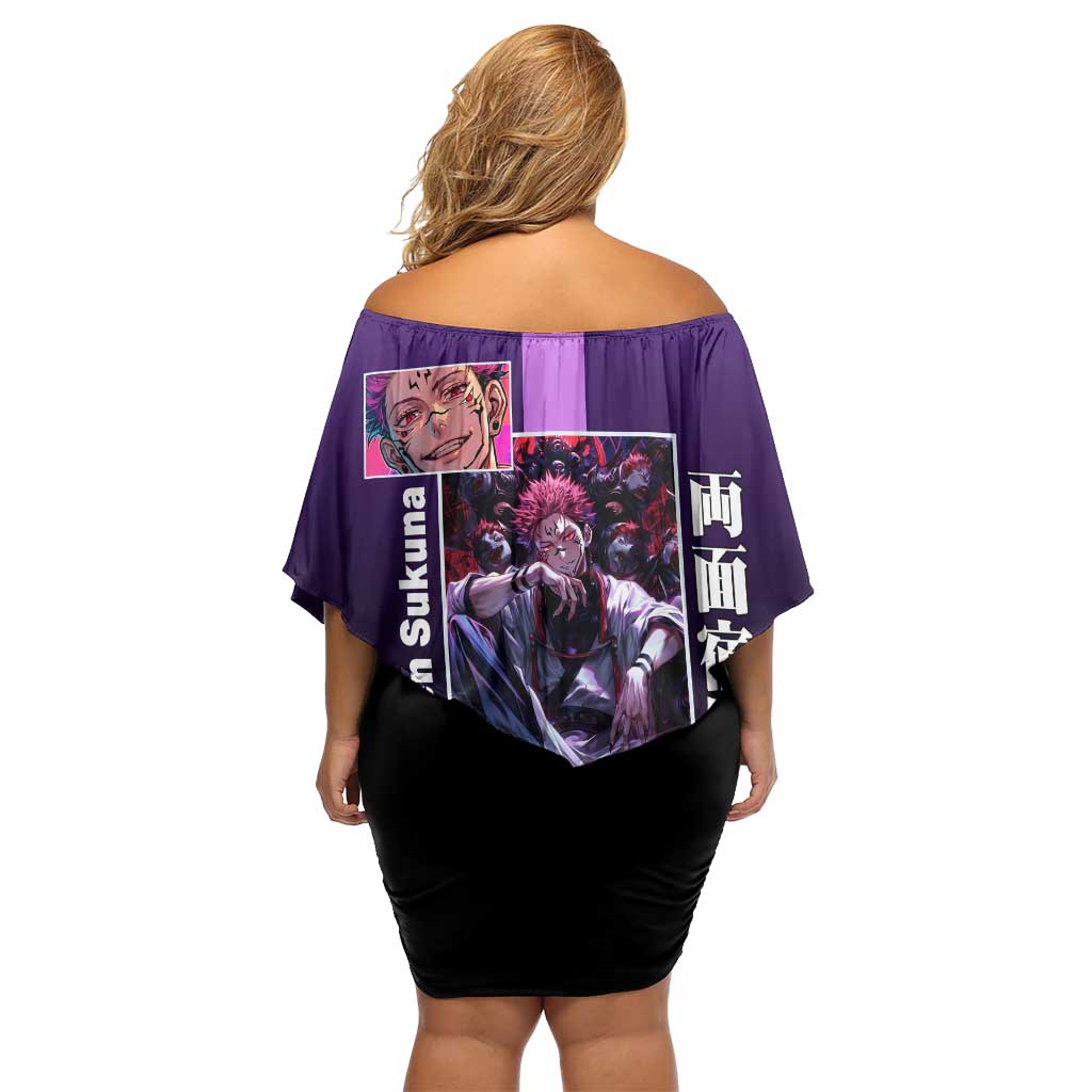 Ryomen Sukuna from Jujutsu Kaisen Off Shoulder Short Dress with Purple Background and Multiple Poses Design - The Mazicc