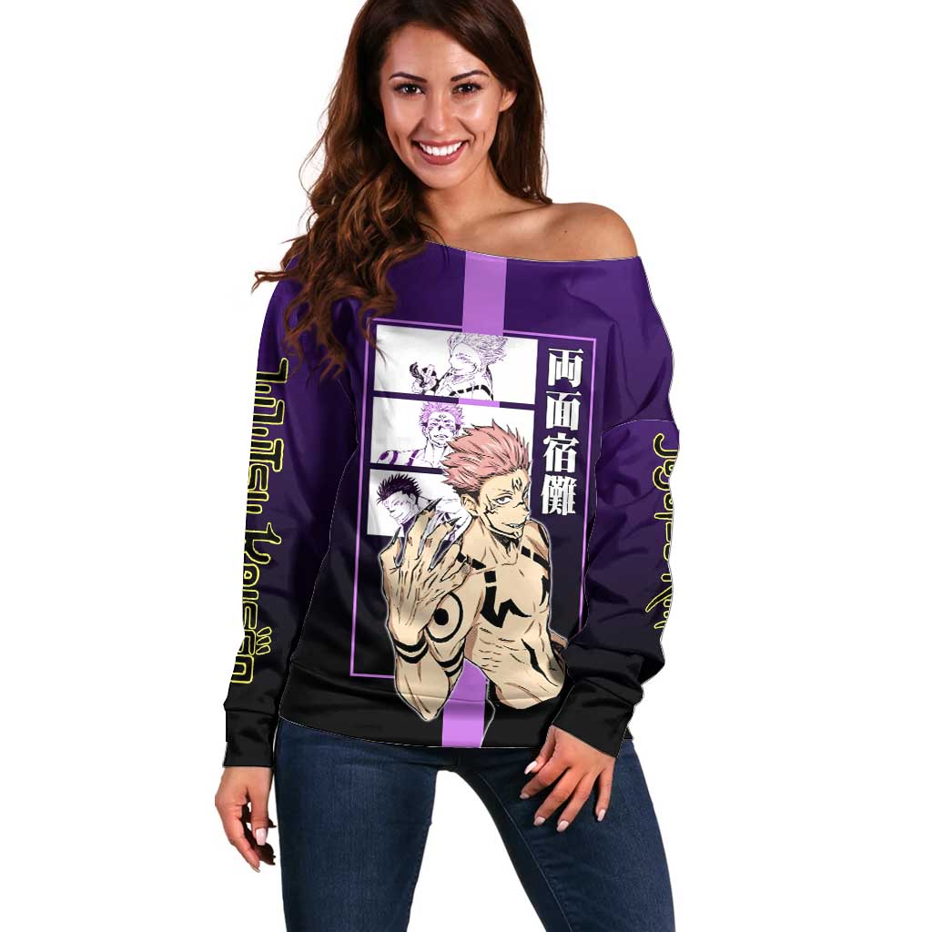 Ryomen Sukuna from Jujutsu Kaisen Off Shoulder Sweater with Purple Background and Multiple Poses Design - The Mazicc