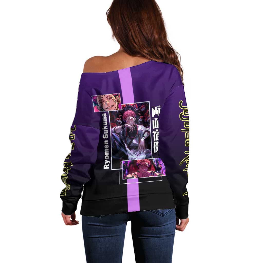Ryomen Sukuna from Jujutsu Kaisen Off Shoulder Sweater with Purple Background and Multiple Poses Design - The Mazicc